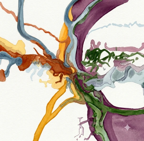 Weave Sessions artwork: watercolour strands in ochre, rust, slate blue, moss and plum meeting at a single point
